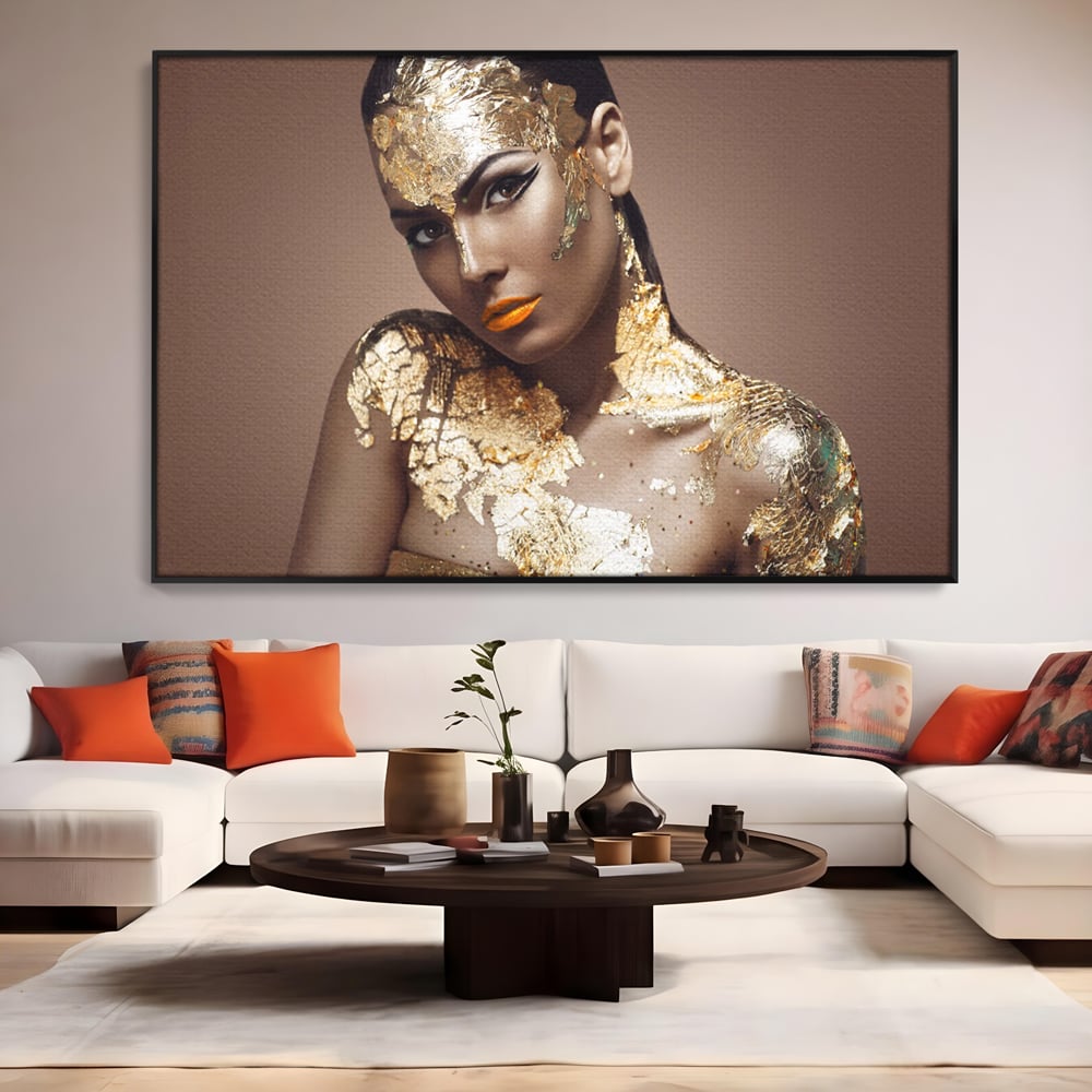 Tablou Canvas Premium LuxCanva® C1088, Beauty Covered In Gold , Gold, Femeie, Privire, Living Room, Bedroom, Relaxare, Culori Vibrante