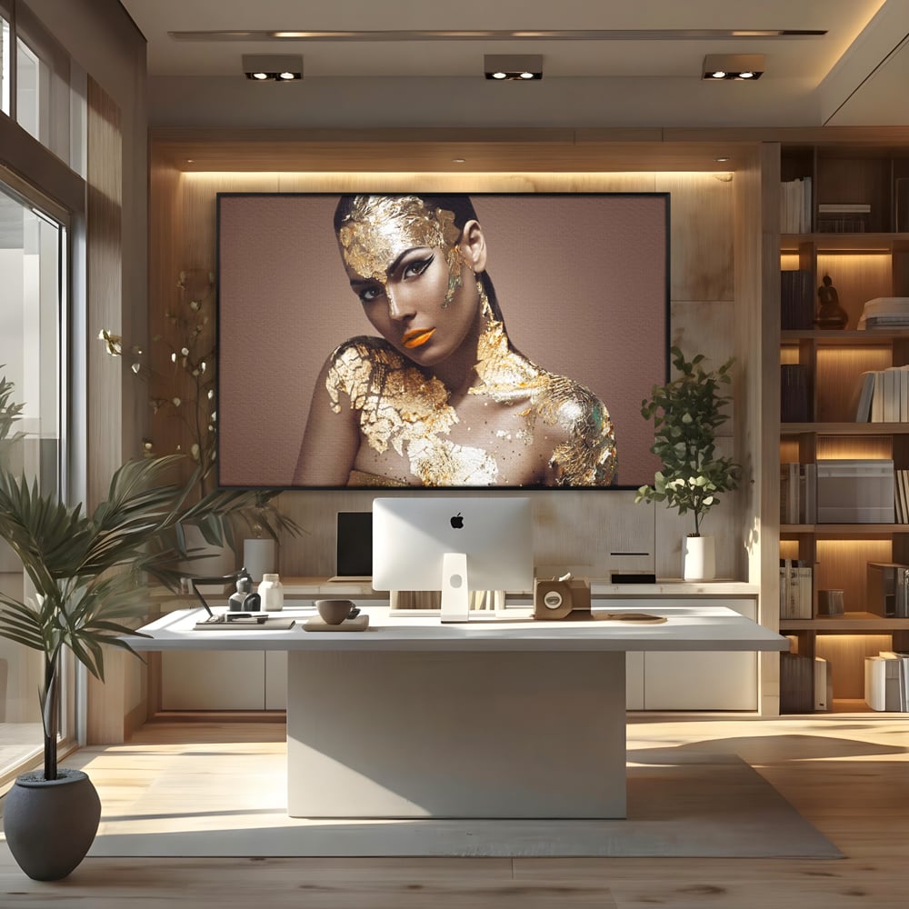 Tablou Canvas Premium LuxCanva® C1088, Beauty Covered In Gold , Gold, Femeie, Privire, Living Room, Bedroom, Relaxare, Culori Vibrante