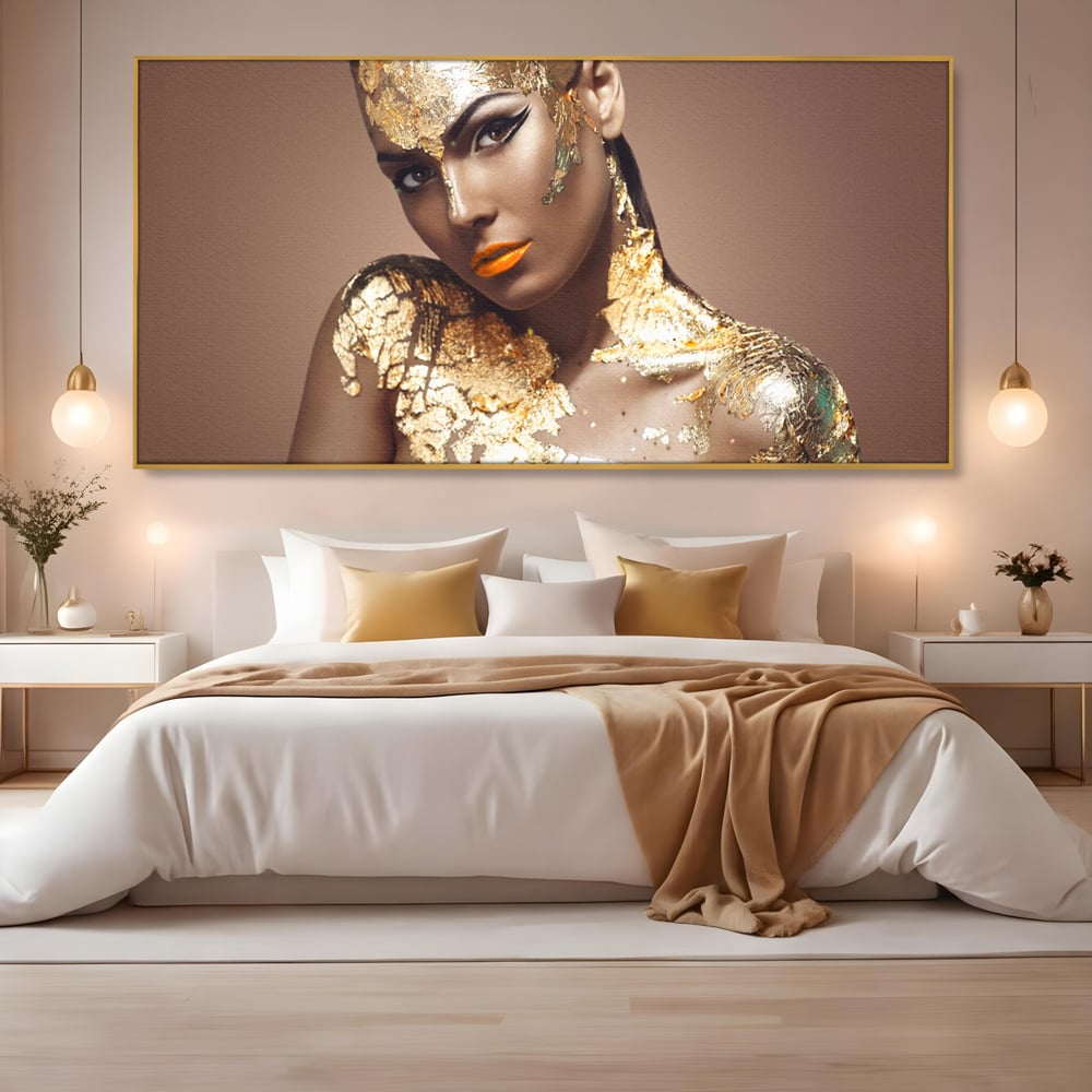 Tablou Canvas Premium LuxCanva® C1088, Beauty Covered In Gold , Gold, Femeie, Privire, Living Room, Bedroom, Relaxare, Culori Vibrante