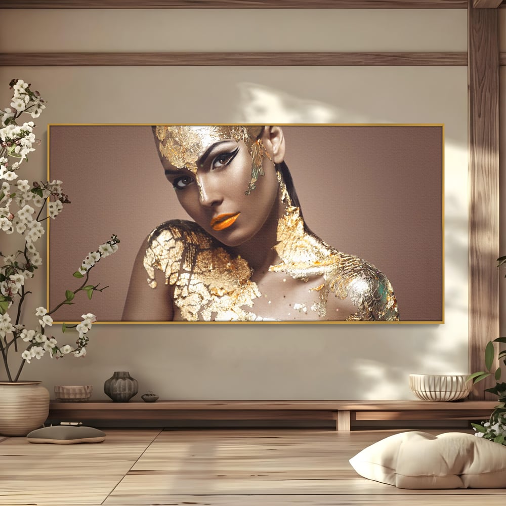 Tablou Canvas Premium LuxCanva® C1088, Beauty Covered In Gold , Gold, Femeie, Privire, Living Room, Bedroom, Relaxare, Culori Vibrante