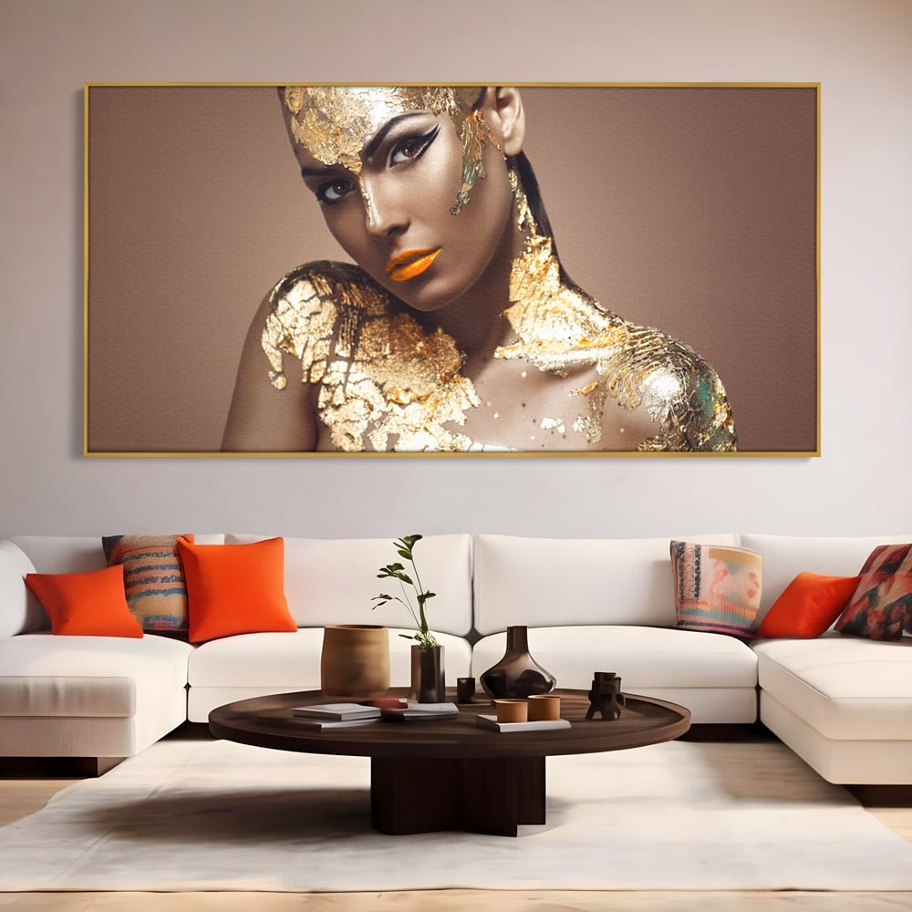 Tablou Canvas Premium LuxCanva® C1088, Beauty Covered In Gold , Gold, Femeie, Privire, Living Room, Bedroom, Relaxare, Culori Vibrante