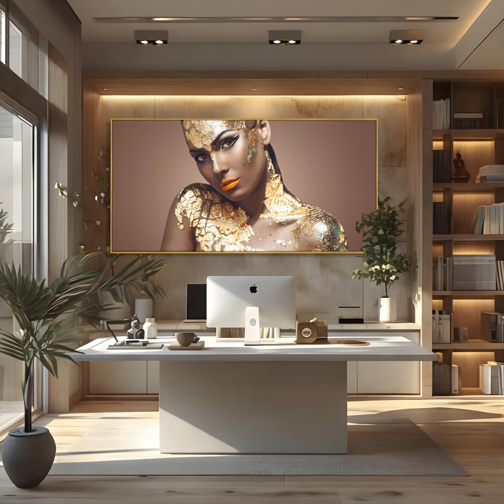 Tablou Canvas Premium LuxCanva® C1088, Beauty Covered In Gold , Gold, Femeie, Privire, Living Room, Bedroom, Relaxare, Culori Vibrante