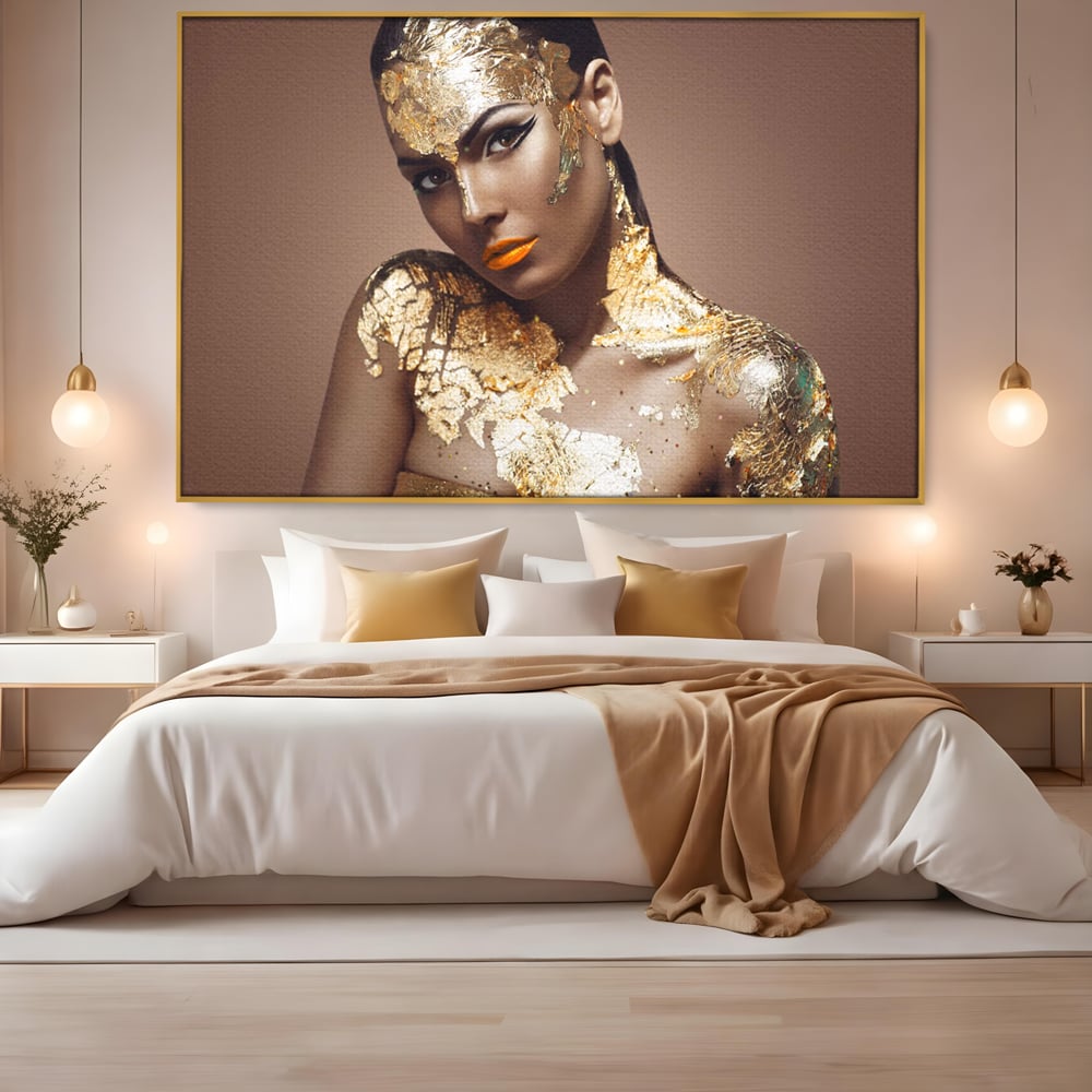 Tablou Canvas Premium LuxCanva® C1088, Beauty Covered In Gold , Gold, Femeie, Privire, Living Room, Bedroom, Relaxare, Culori Vibrante