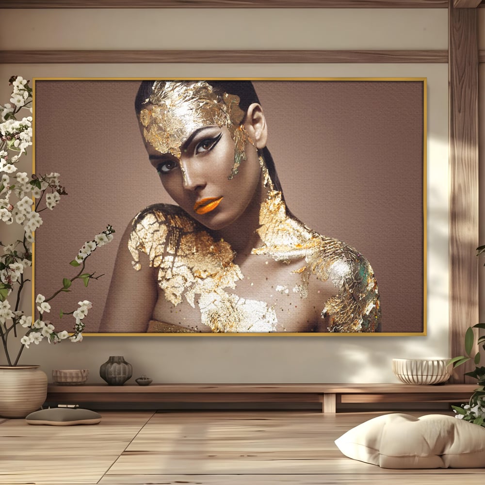 Tablou Canvas Premium LuxCanva® C1088, Beauty Covered In Gold , Gold, Femeie, Privire, Living Room, Bedroom, Relaxare, Culori Vibrante