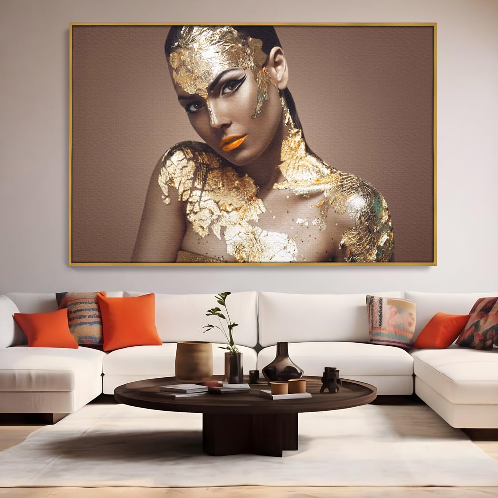 Tablou Canvas Premium LuxCanva® C1088, Beauty Covered In Gold , Gold, Femeie, Privire, Living Room, Bedroom, Relaxare, Culori Vibrante