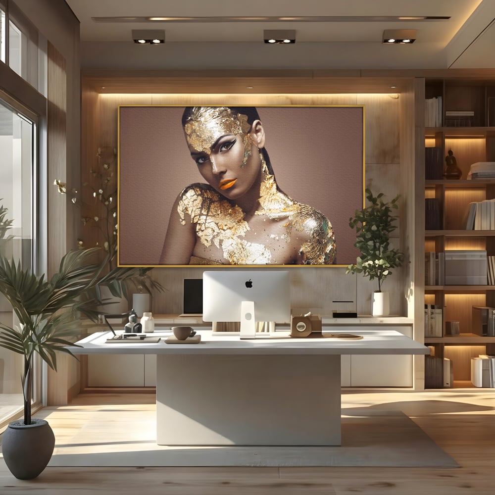 Tablou Canvas Premium LuxCanva® C1088, Beauty Covered In Gold , Gold, Femeie, Privire, Living Room, Bedroom, Relaxare, Culori Vibrante