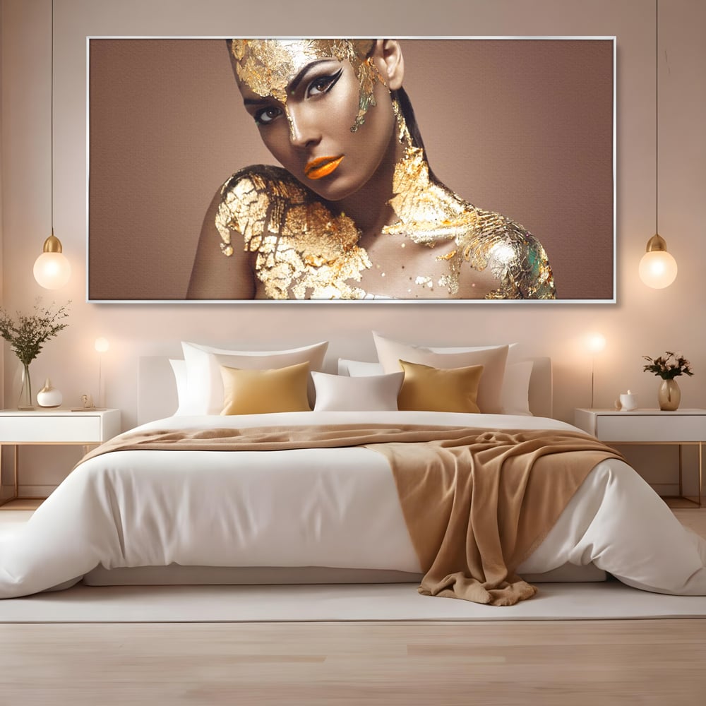 Tablou Canvas Premium LuxCanva® C1088, Beauty Covered In Gold , Gold, Femeie, Privire, Living Room, Bedroom, Relaxare, Culori Vibrante
