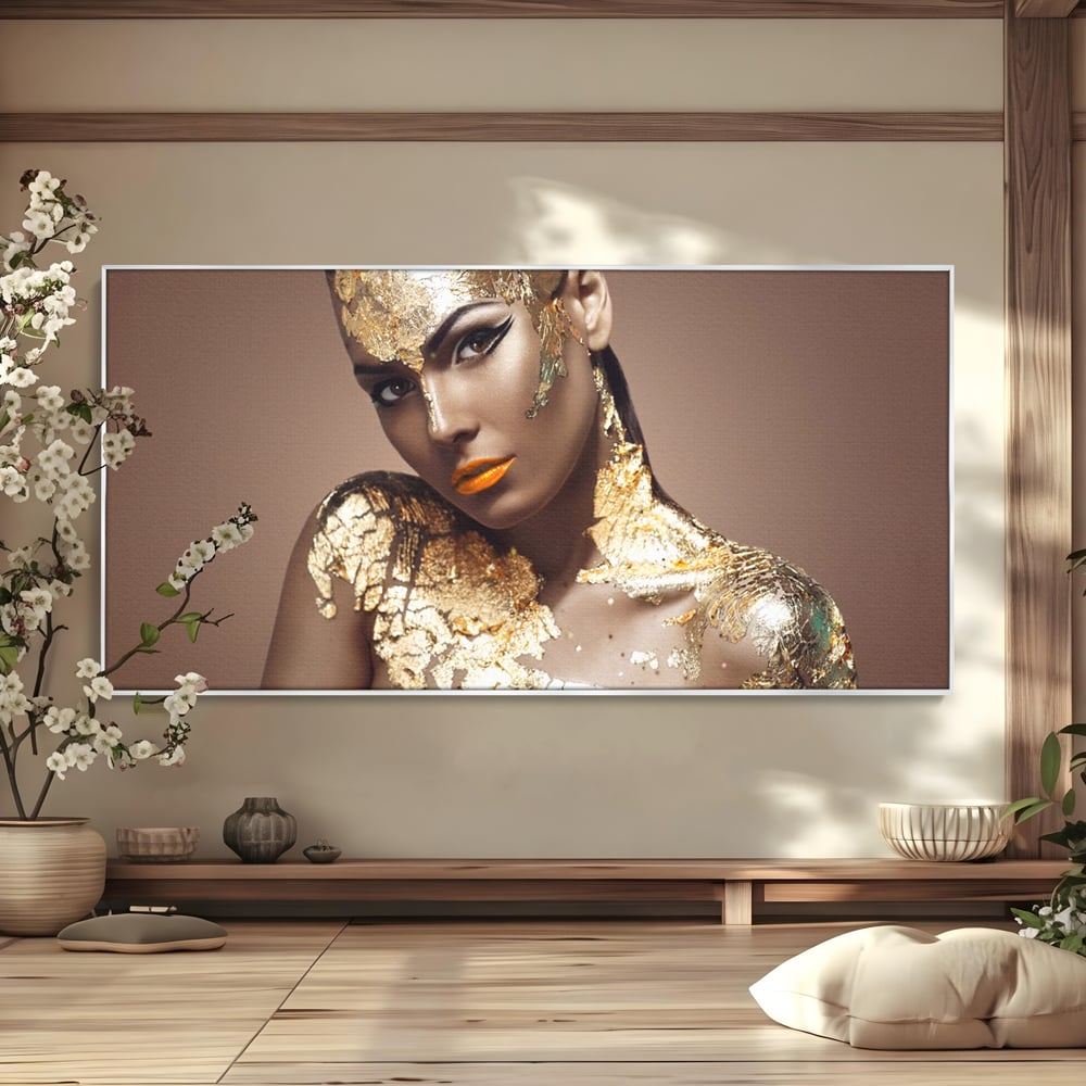 Tablou Canvas Premium LuxCanva® C1088, Beauty Covered In Gold , Gold, Femeie, Privire, Living Room, Bedroom, Relaxare, Culori Vibrante