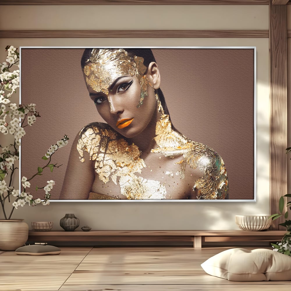 Tablou Canvas Premium LuxCanva® C1088, Beauty Covered In Gold , Gold, Femeie, Privire, Living Room, Bedroom, Relaxare, Culori Vibrante