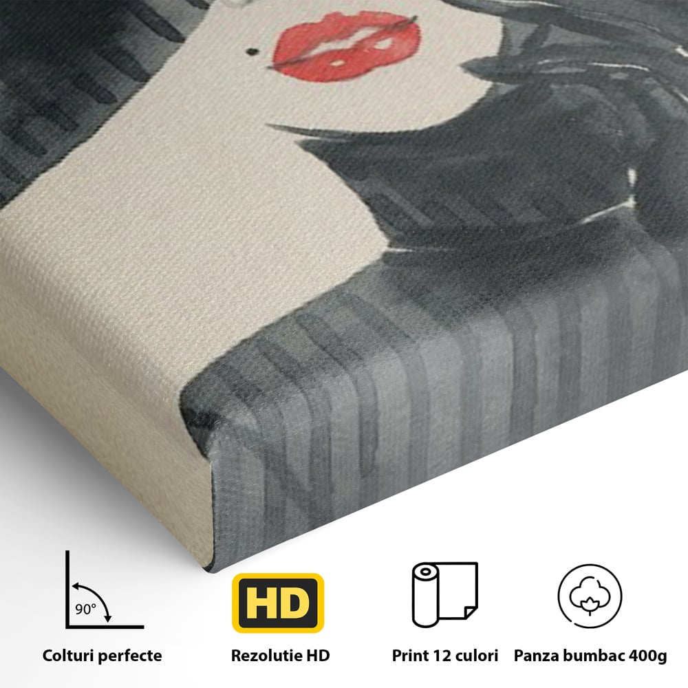 Tablou Canvas Premium LuxCanva® C1092, Stylish Fashionista With Black Hat , Femeie, Fashionista, Red Lips, Living Room, Bedroom, Relaxare, Culori Vibrante