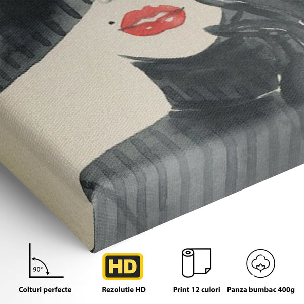 Tablou Canvas Premium LuxCanva® C1092, Stylish Fashionista With Black Hat , Femeie, Fashionista, Red Lips, Living Room, Bedroom, Relaxare, Culori Vibrante