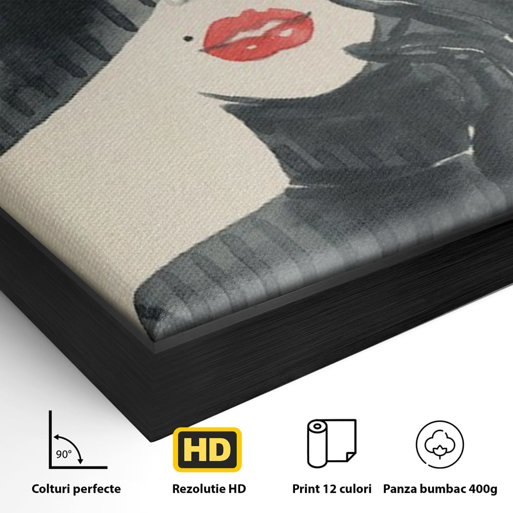 Tablou Canvas Premium LuxCanva® C1092, Stylish Fashionista With Black Hat , Femeie, Fashionista, Red Lips, Living Room, Bedroom, Relaxare, Culori Vibrante