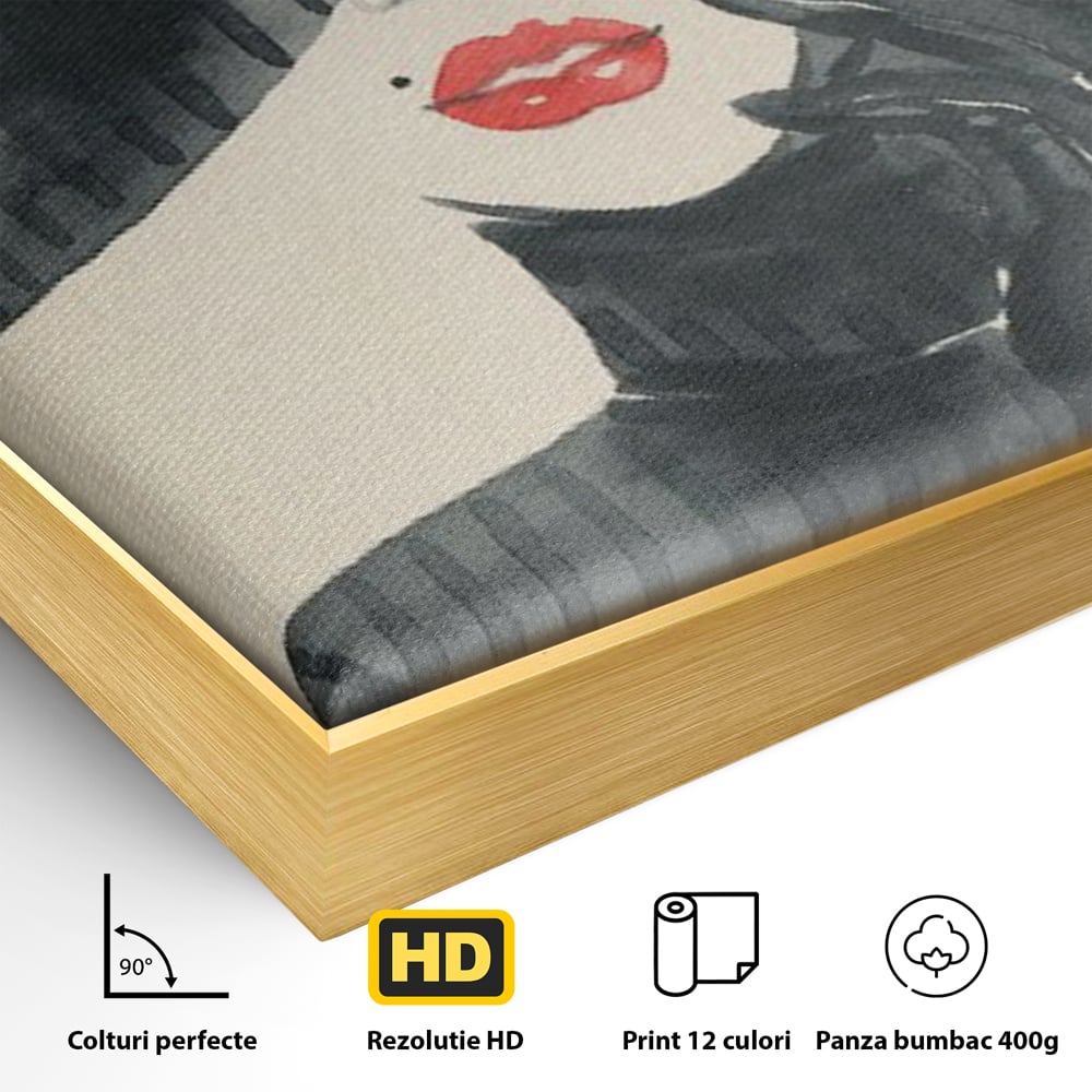 Tablou Canvas Premium LuxCanva® C1092, Stylish Fashionista With Black Hat , Femeie, Fashionista, Red Lips, Living Room, Bedroom, Relaxare, Culori Vibrante