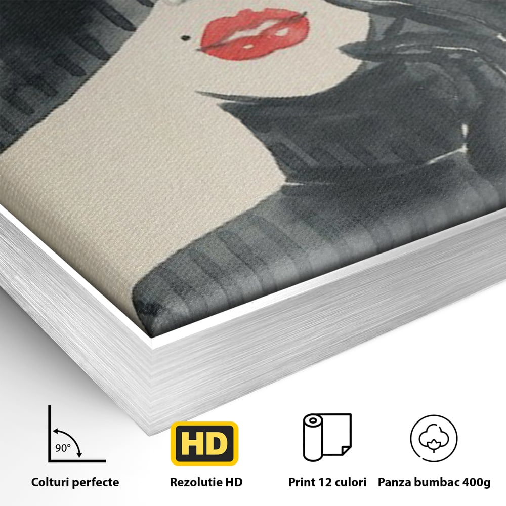 Tablou Canvas Premium LuxCanva® C1092, Stylish Fashionista With Black Hat , Femeie, Fashionista, Red Lips, Living Room, Bedroom, Relaxare, Culori Vibrante