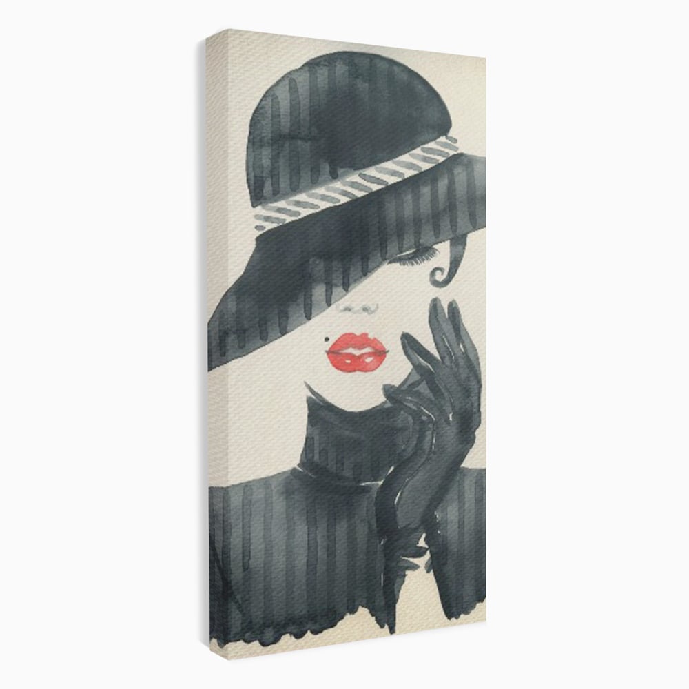 Tablou Canvas Premium LuxCanva® C1092, Stylish Fashionista With Black Hat , Femeie, Fashionista, Red Lips, Living Room, Bedroom, Relaxare, Culori Vibrante