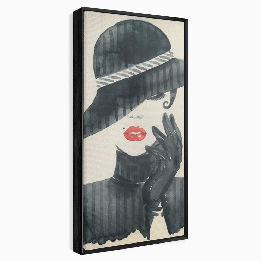 Tablou Canvas Premium LuxCanva® C1092, Stylish Fashionista With Black Hat , Femeie, Fashionista, Red Lips, Living Room, Bedroom, Relaxare, Culori Vibrante