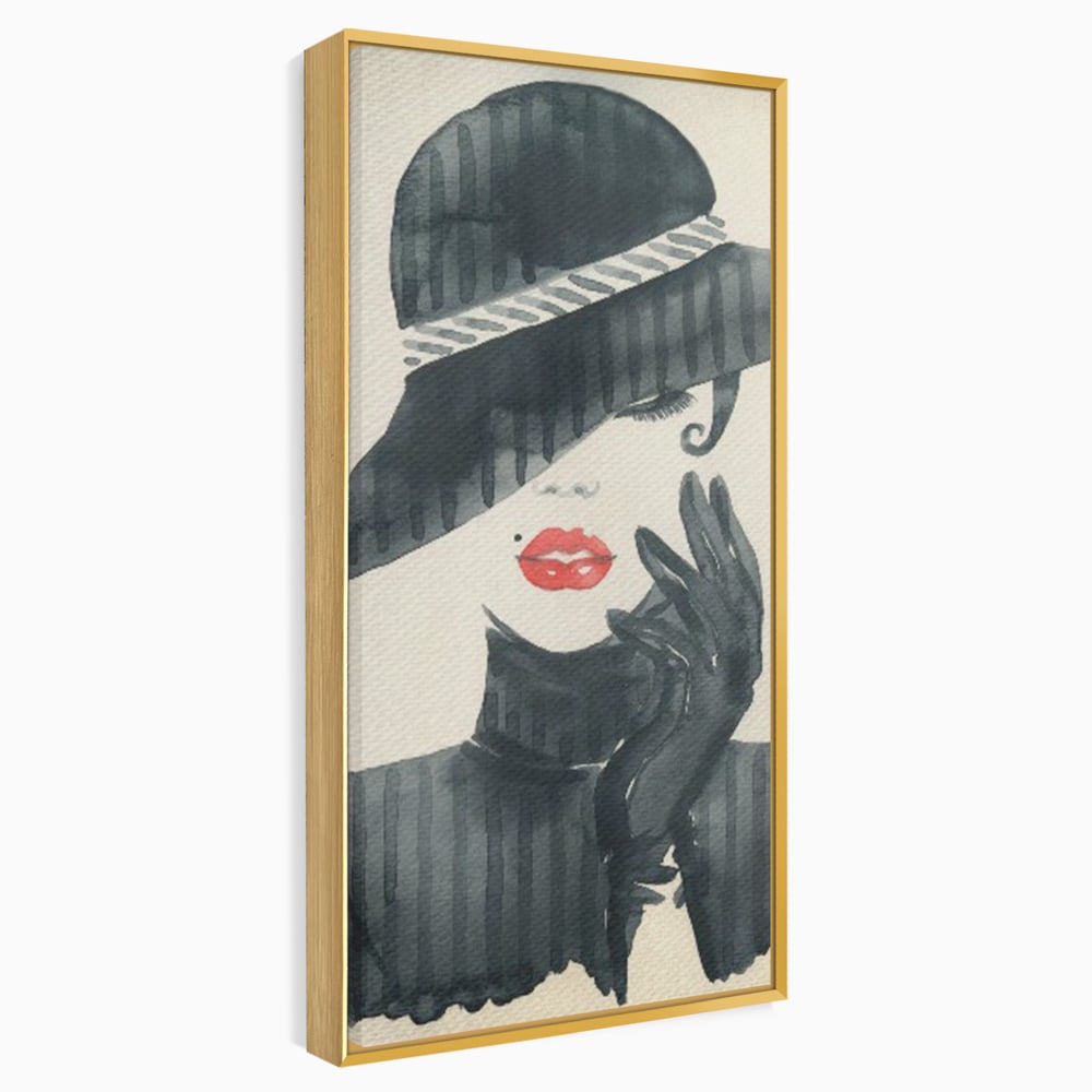 Tablou Canvas Premium LuxCanva® C1092, Stylish Fashionista With Black Hat , Femeie, Fashionista, Red Lips, Living Room, Bedroom, Relaxare, Culori Vibrante
