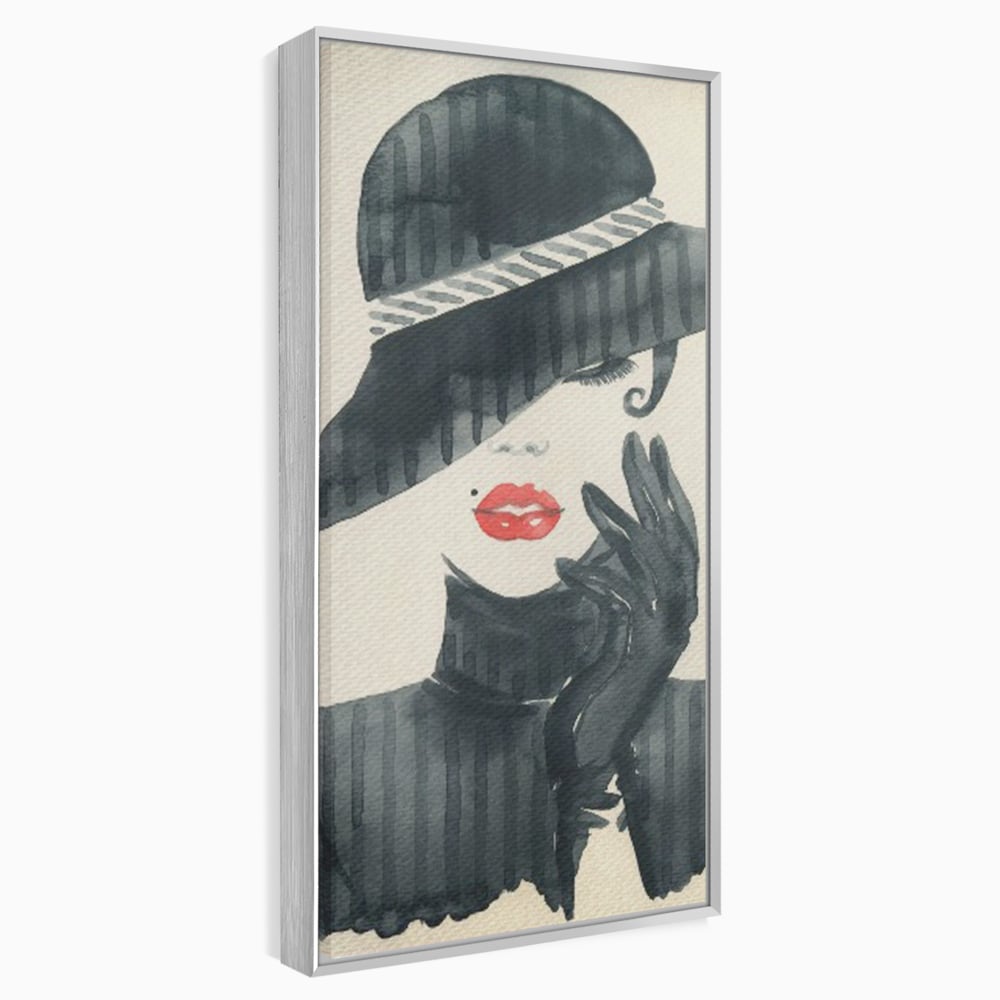 Tablou Canvas Premium LuxCanva® C1092, Stylish Fashionista With Black Hat , Femeie, Fashionista, Red Lips, Living Room, Bedroom, Relaxare, Culori Vibrante