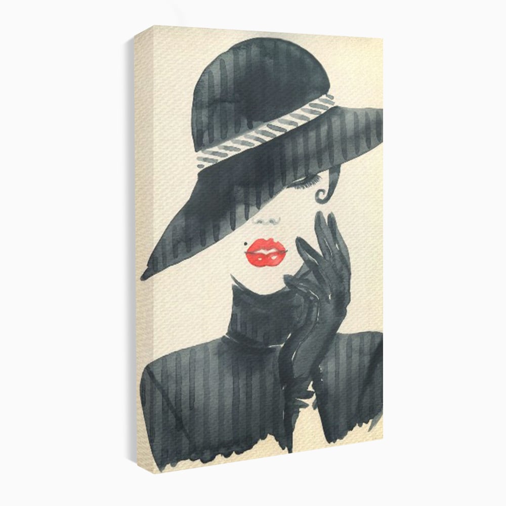 Tablou Canvas Premium LuxCanva® C1092, Stylish Fashionista With Black Hat , Femeie, Fashionista, Red Lips, Living Room, Bedroom, Relaxare, Culori Vibrante