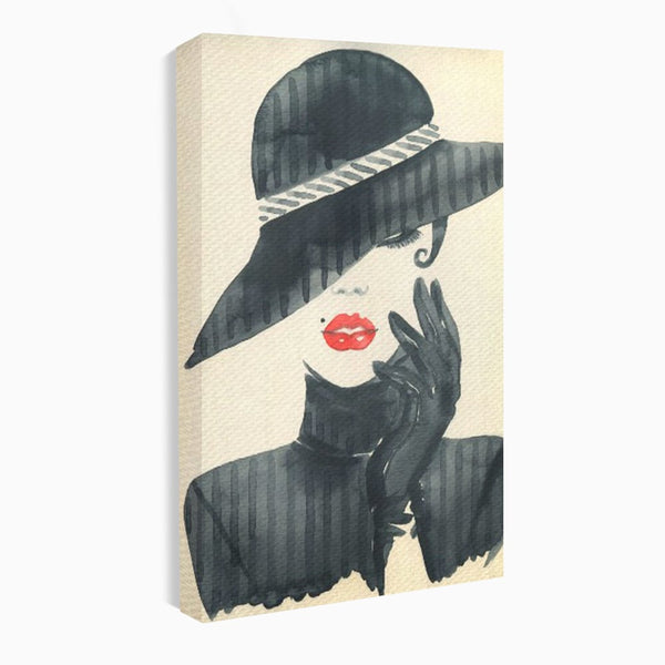 Tablou Canvas Premium LuxCanva® C1092, Stylish Fashionista With Black Hat , Femeie, Fashionista, Red Lips, Living Room, Bedroom, Relaxare, Culori Vibrante