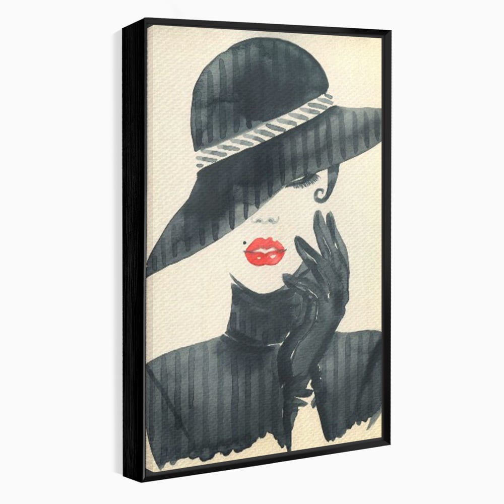 Tablou Canvas Premium LuxCanva® C1092, Stylish Fashionista With Black Hat , Femeie, Fashionista, Red Lips, Living Room, Bedroom, Relaxare, Culori Vibrante