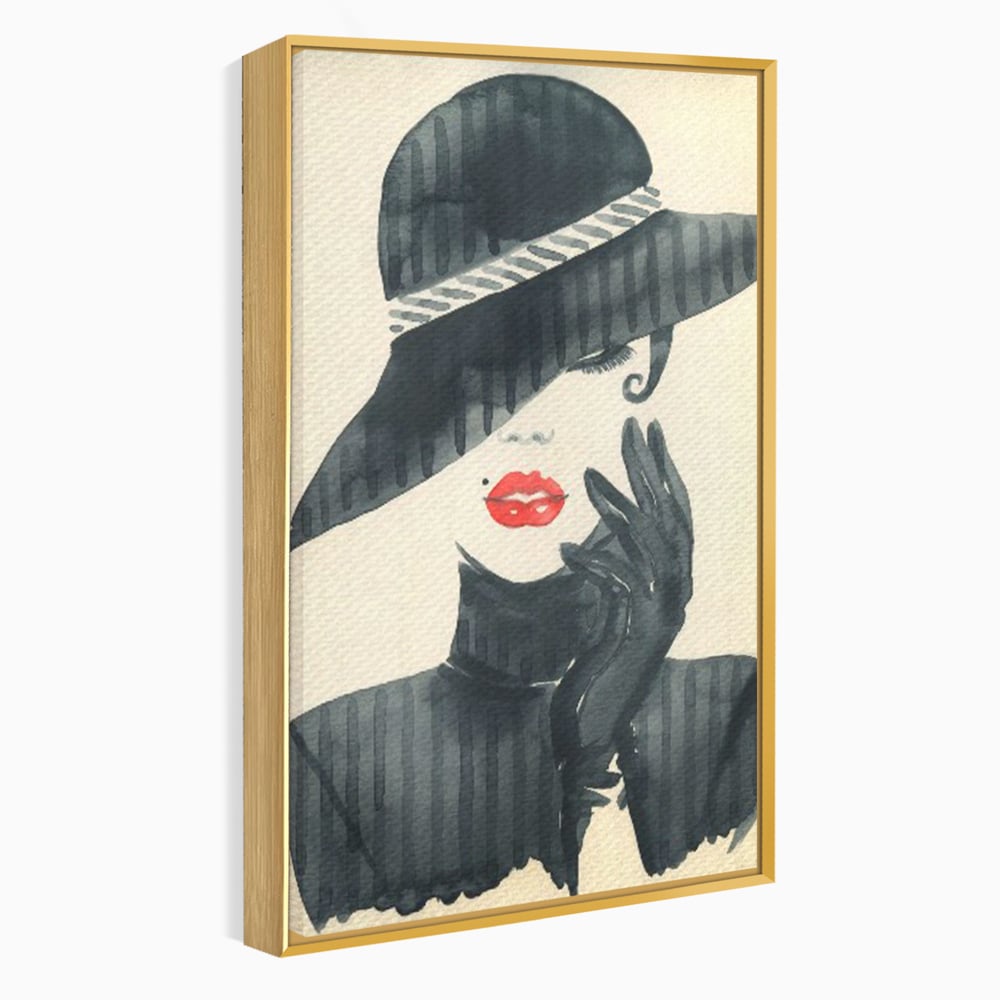 Tablou Canvas Premium LuxCanva® C1092, Stylish Fashionista With Black Hat , Femeie, Fashionista, Red Lips, Living Room, Bedroom, Relaxare, Culori Vibrante