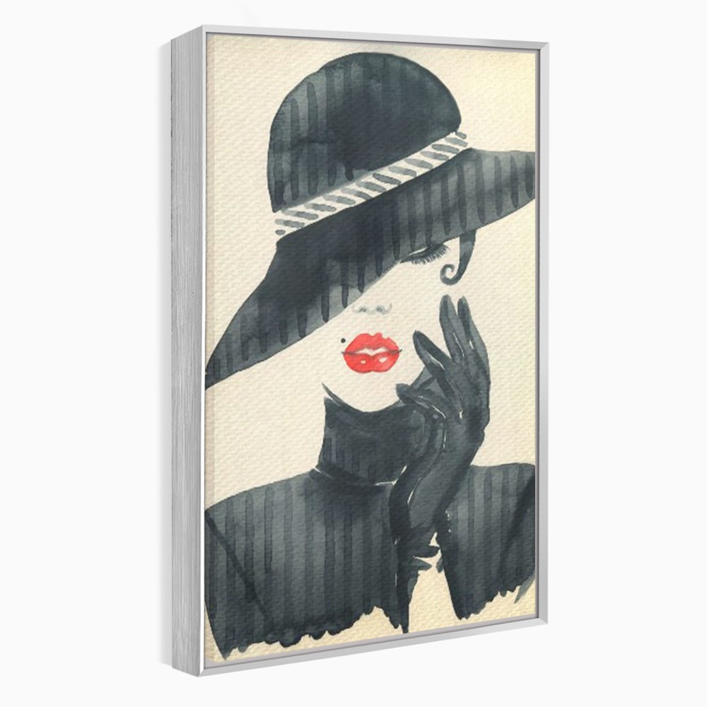 Tablou Canvas Premium LuxCanva® C1092, Stylish Fashionista With Black Hat , Femeie, Fashionista, Red Lips, Living Room, Bedroom, Relaxare, Culori Vibrante