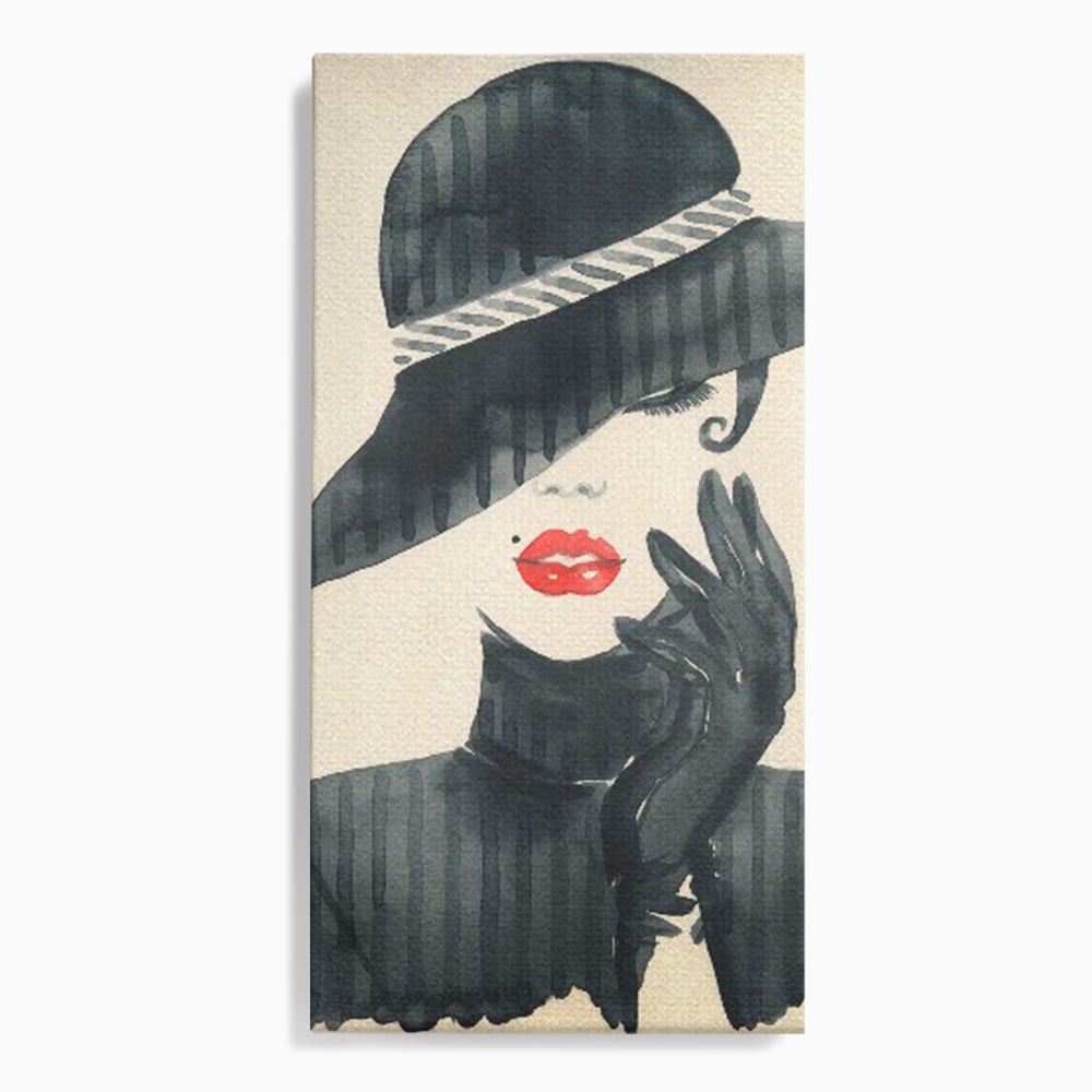 Tablou Canvas Premium LuxCanva® C1092, Stylish Fashionista With Black Hat , Femeie, Fashionista, Red Lips, Living Room, Bedroom, Relaxare, Culori Vibrante