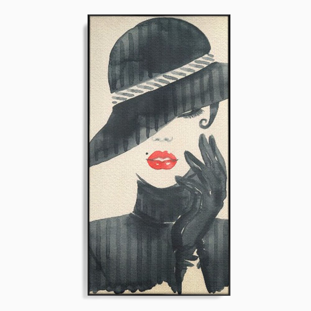 Tablou Canvas Premium LuxCanva® C1092, Stylish Fashionista With Black Hat , Femeie, Fashionista, Red Lips, Living Room, Bedroom, Relaxare, Culori Vibrante