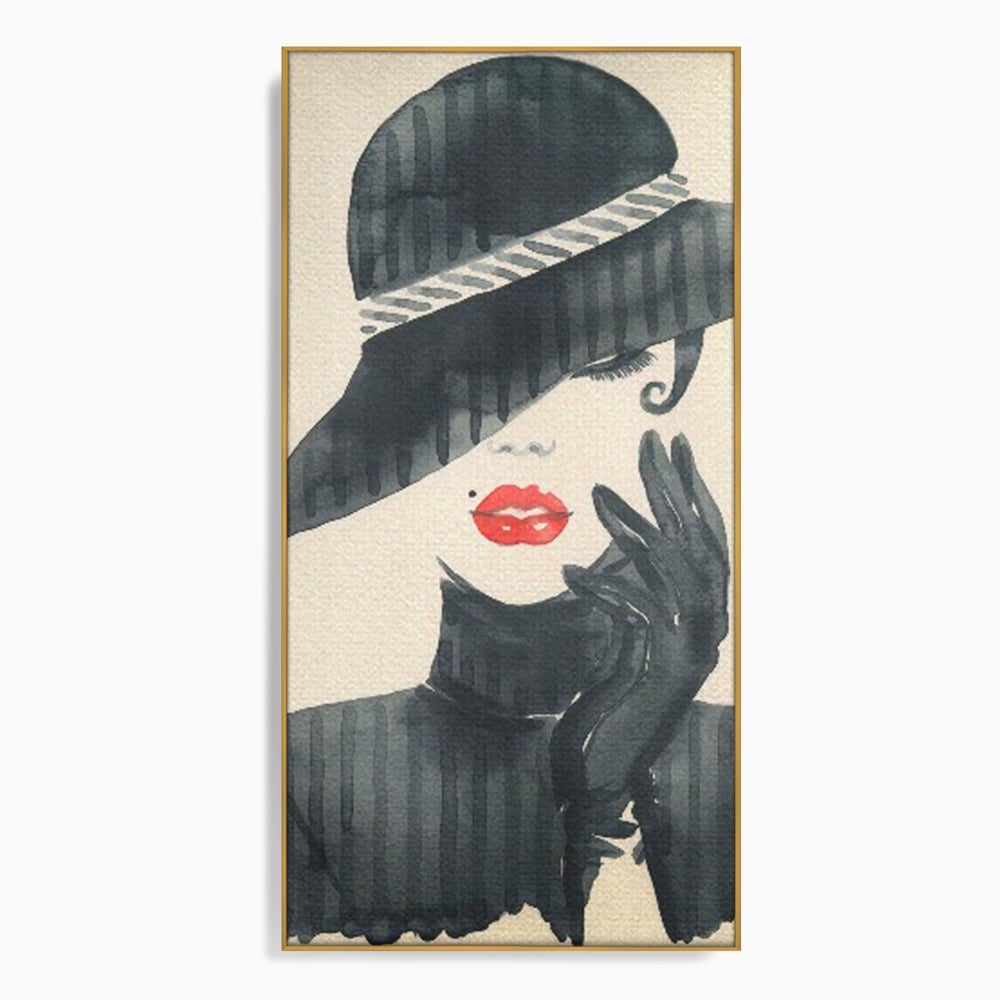Tablou Canvas Premium LuxCanva® C1092, Stylish Fashionista With Black Hat , Femeie, Fashionista, Red Lips, Living Room, Bedroom, Relaxare, Culori Vibrante