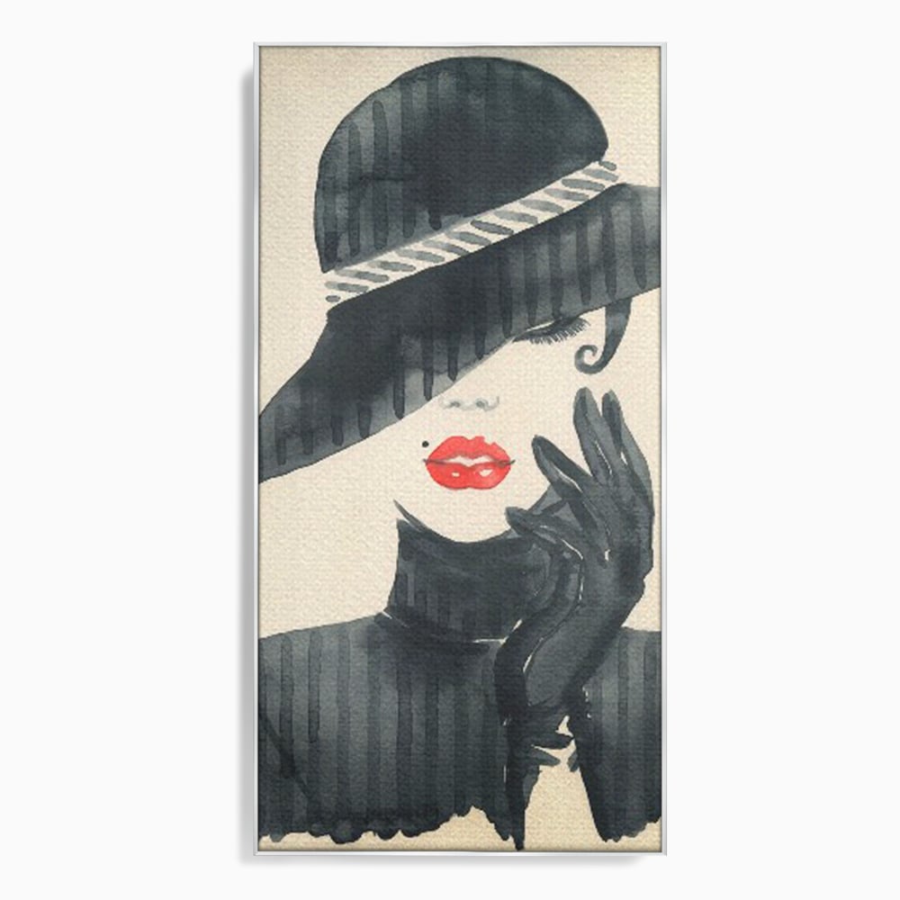 Tablou Canvas Premium LuxCanva® C1092, Stylish Fashionista With Black Hat , Femeie, Fashionista, Red Lips, Living Room, Bedroom, Relaxare, Culori Vibrante