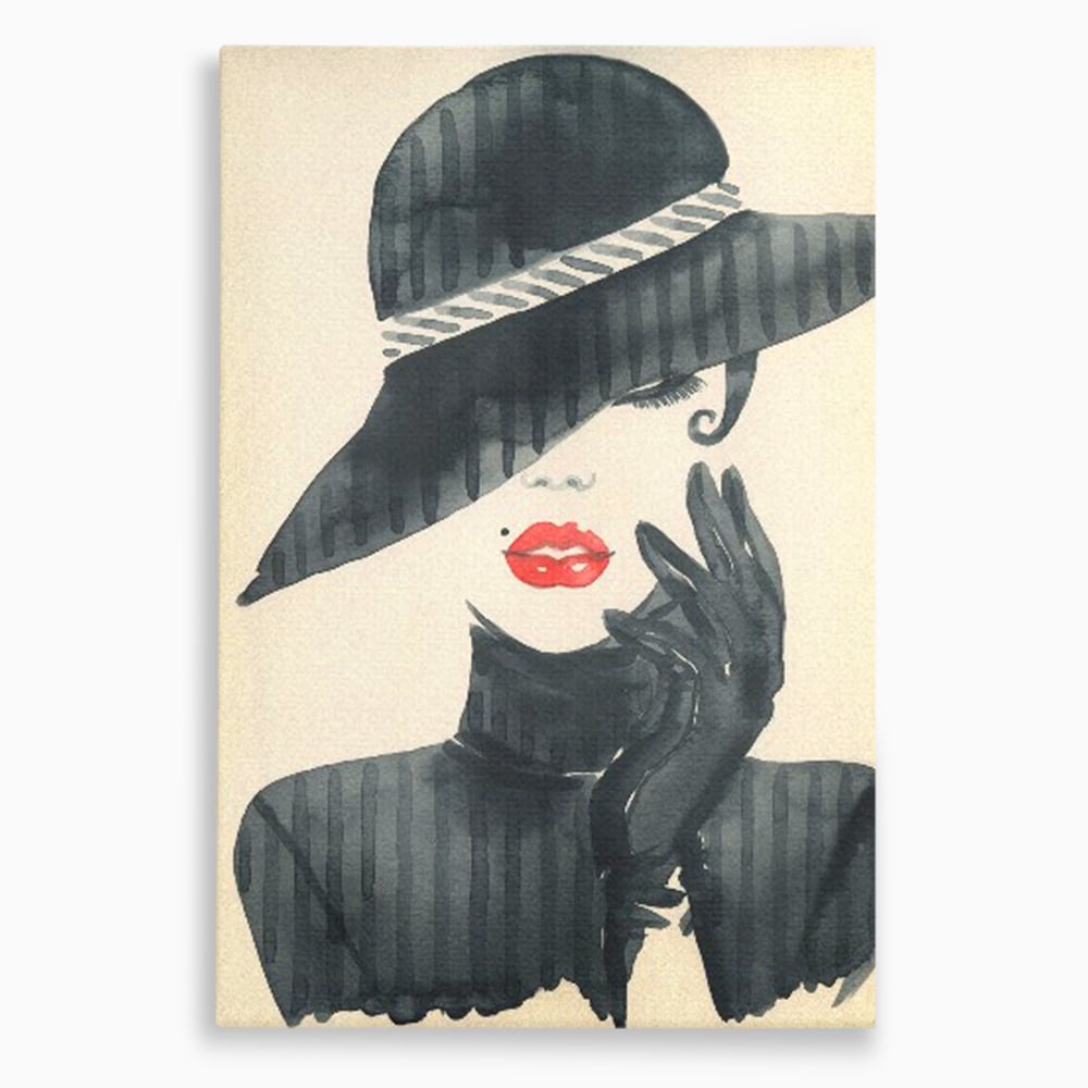 Tablou Canvas Premium LuxCanva® C1092, Stylish Fashionista With Black Hat , Femeie, Fashionista, Red Lips, Living Room, Bedroom, Relaxare, Culori Vibrante