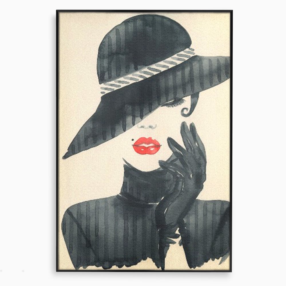 Tablou Canvas Premium LuxCanva® C1092, Stylish Fashionista With Black Hat , Femeie, Fashionista, Red Lips, Living Room, Bedroom, Relaxare, Culori Vibrante