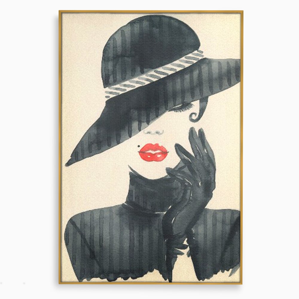 Tablou Canvas Premium LuxCanva® C1092, Stylish Fashionista With Black Hat , Femeie, Fashionista, Red Lips, Living Room, Bedroom, Relaxare, Culori Vibrante