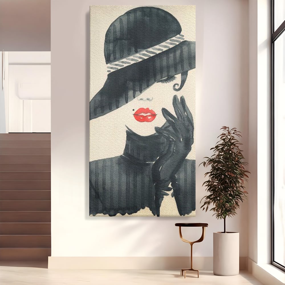 Tablou Canvas Premium LuxCanva® C1092, Stylish Fashionista With Black Hat , Femeie, Fashionista, Red Lips, Living Room, Bedroom, Relaxare, Culori Vibrante