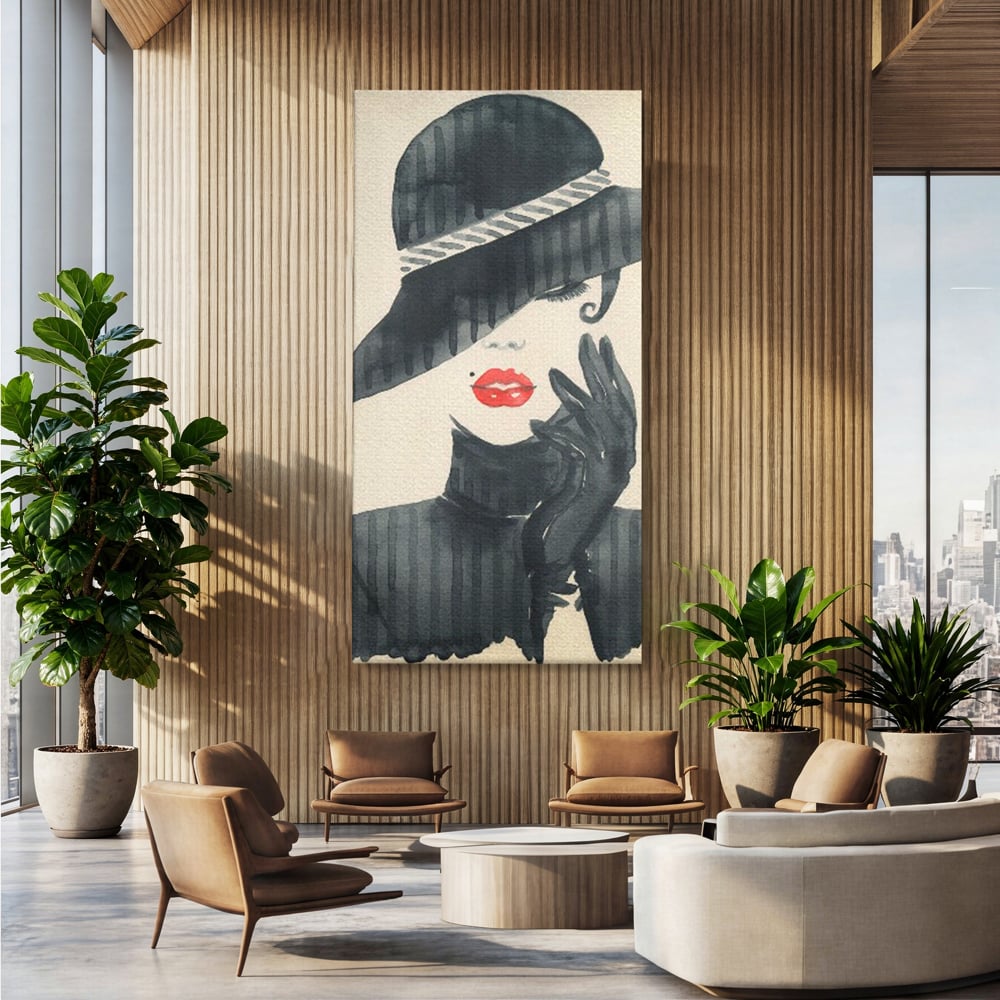 Tablou Canvas Premium LuxCanva® C1092, Stylish Fashionista With Black Hat , Femeie, Fashionista, Red Lips, Living Room, Bedroom, Relaxare, Culori Vibrante