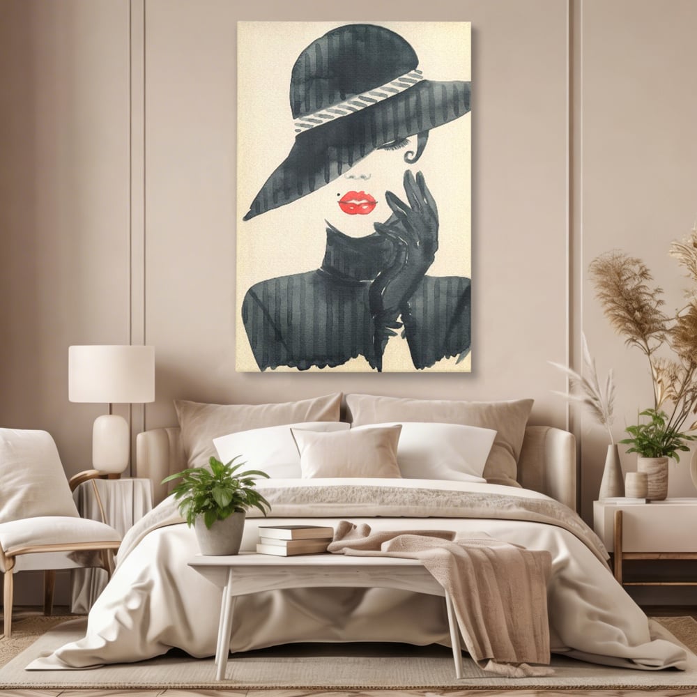 Tablou Canvas Premium LuxCanva® C1092, Stylish Fashionista With Black Hat , Femeie, Fashionista, Red Lips, Living Room, Bedroom, Relaxare, Culori Vibrante