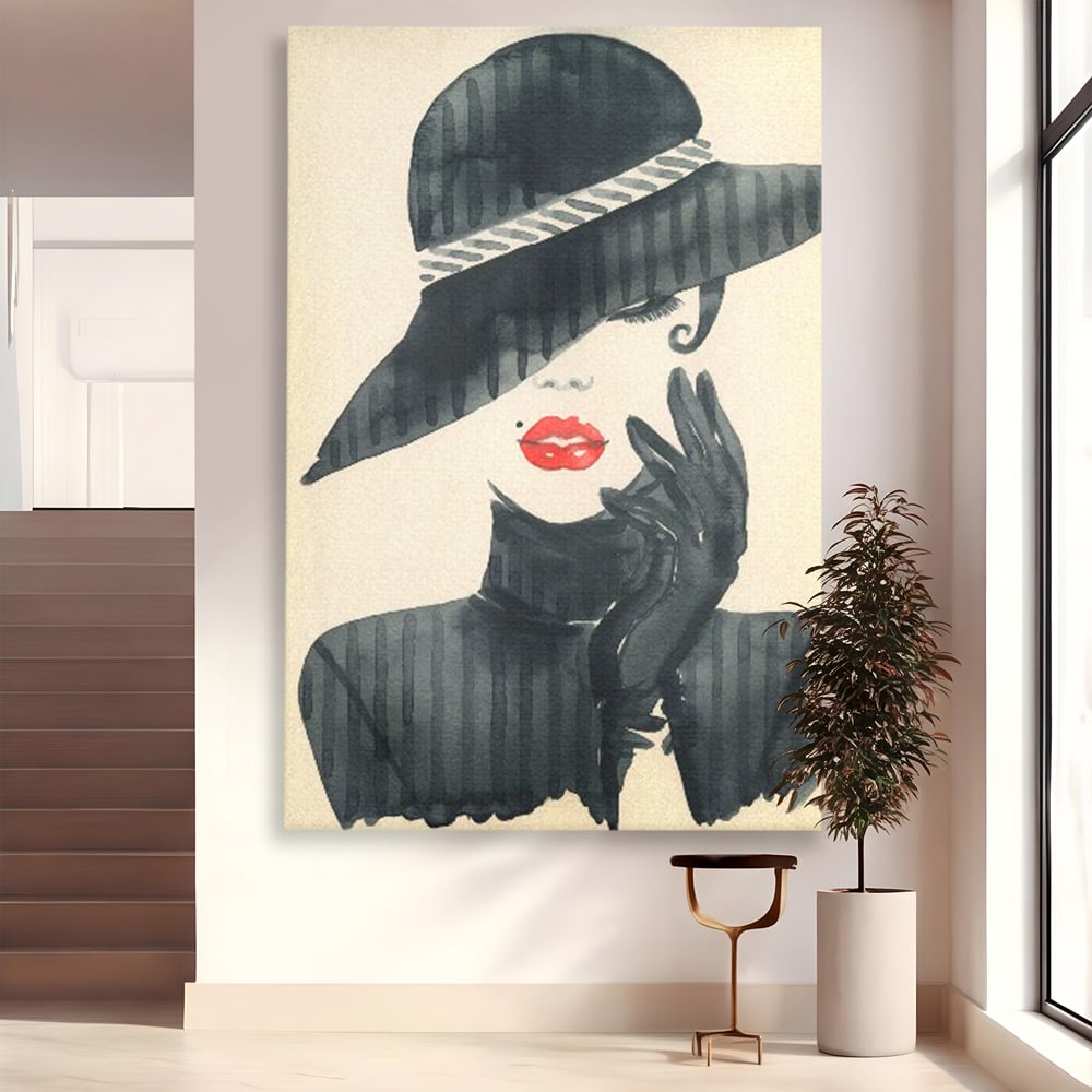 Tablou Canvas Premium LuxCanva® C1092, Stylish Fashionista With Black Hat , Femeie, Fashionista, Red Lips, Living Room, Bedroom, Relaxare, Culori Vibrante