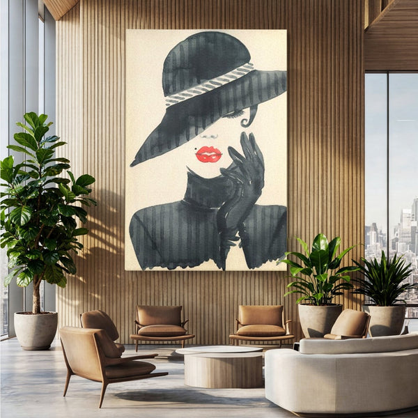 Tablou Canvas Premium LuxCanva® C1092, Stylish Fashionista With Black Hat , Femeie, Fashionista, Red Lips, Living Room, Bedroom, Relaxare, Culori Vibrante