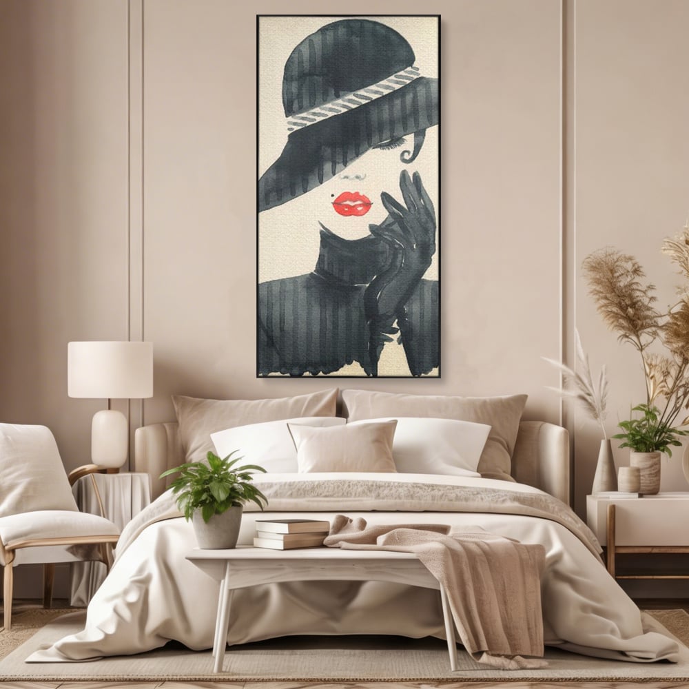 Tablou Canvas Premium LuxCanva® C1092, Stylish Fashionista With Black Hat , Femeie, Fashionista, Red Lips, Living Room, Bedroom, Relaxare, Culori Vibrante