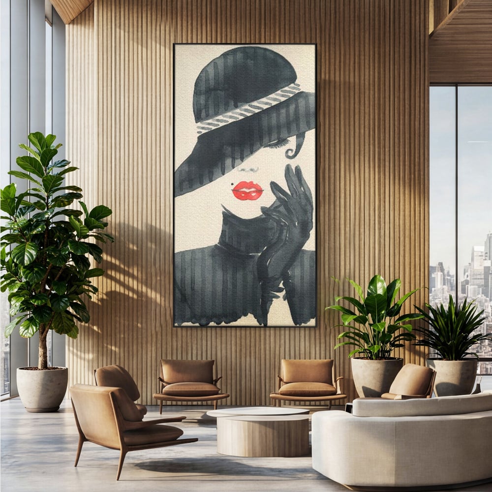 Tablou Canvas Premium LuxCanva® C1092, Stylish Fashionista With Black Hat , Femeie, Fashionista, Red Lips, Living Room, Bedroom, Relaxare, Culori Vibrante