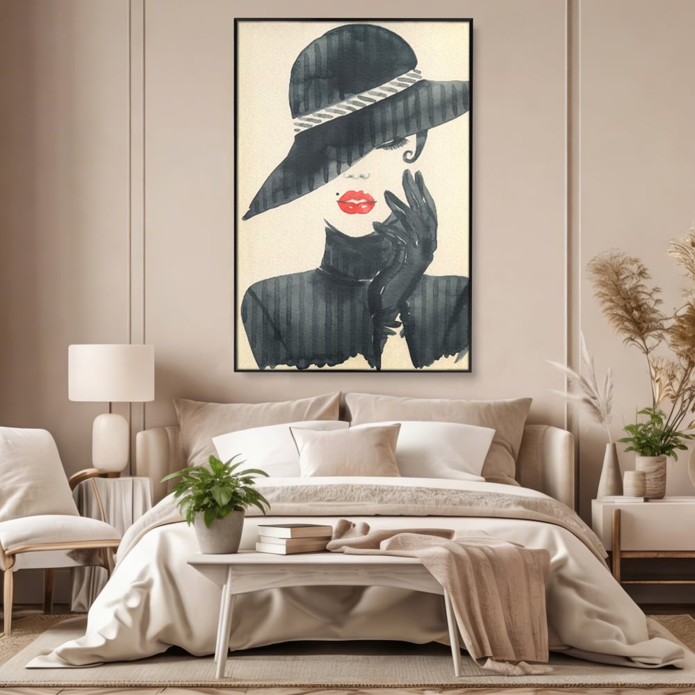 Tablou Canvas Premium LuxCanva® C1092, Stylish Fashionista With Black Hat , Femeie, Fashionista, Red Lips, Living Room, Bedroom, Relaxare, Culori Vibrante