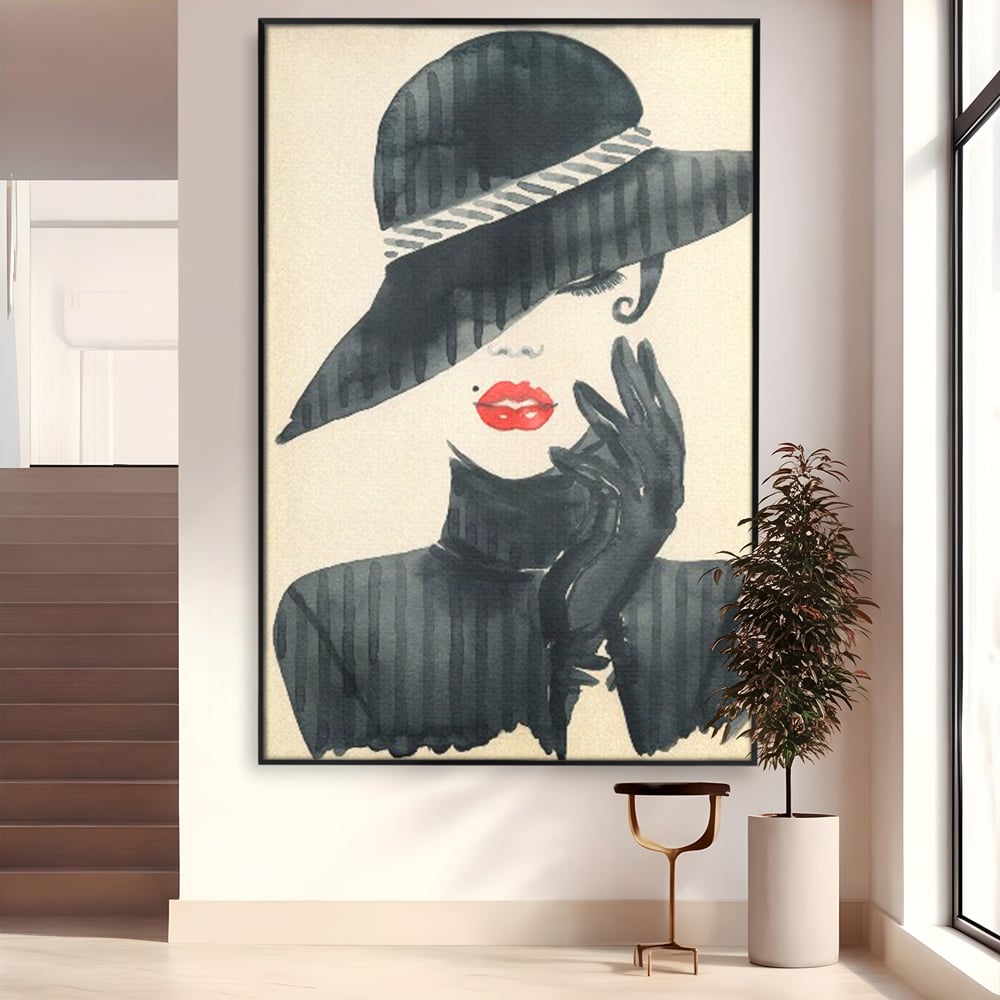 Tablou Canvas Premium LuxCanva® C1092, Stylish Fashionista With Black Hat , Femeie, Fashionista, Red Lips, Living Room, Bedroom, Relaxare, Culori Vibrante