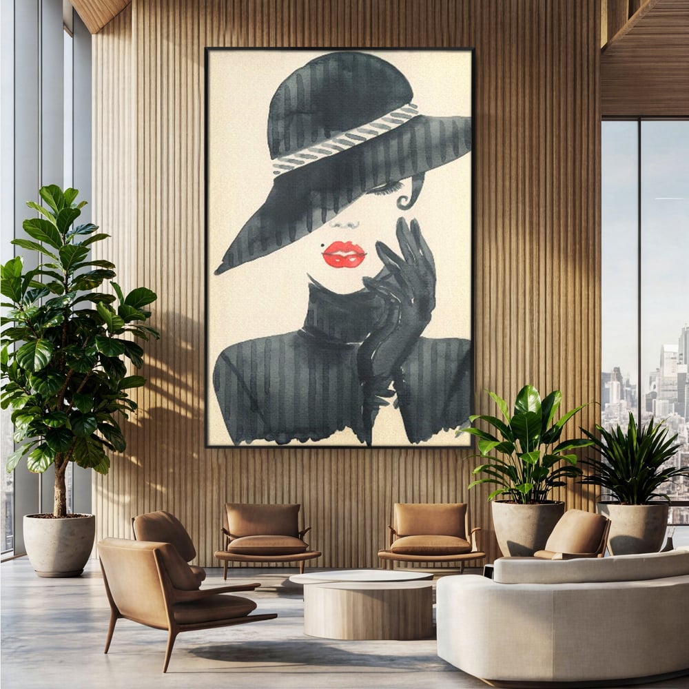 Tablou Canvas Premium LuxCanva® C1092, Stylish Fashionista With Black Hat , Femeie, Fashionista, Red Lips, Living Room, Bedroom, Relaxare, Culori Vibrante