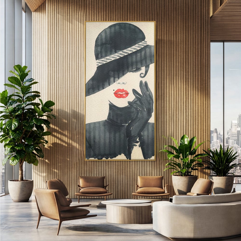 Tablou Canvas Premium LuxCanva® C1092, Stylish Fashionista With Black Hat , Femeie, Fashionista, Red Lips, Living Room, Bedroom, Relaxare, Culori Vibrante