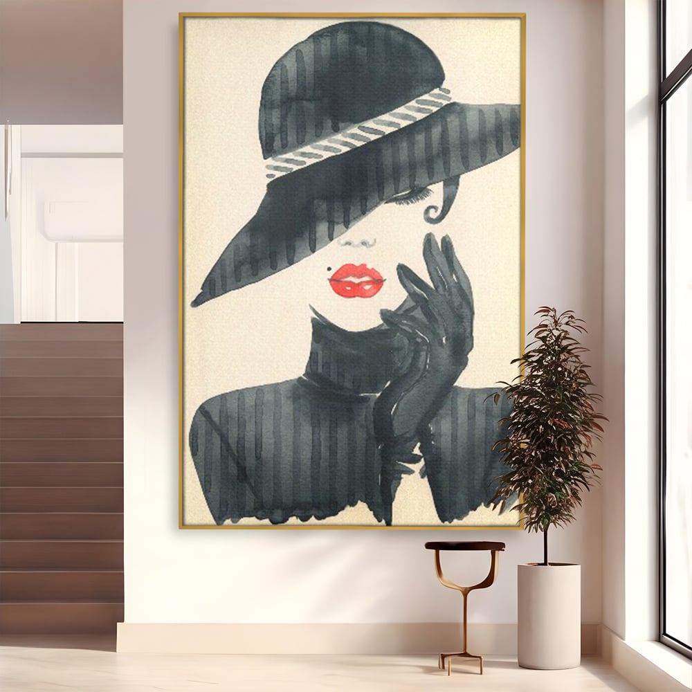 Tablou Canvas Premium LuxCanva® C1092, Stylish Fashionista With Black Hat , Femeie, Fashionista, Red Lips, Living Room, Bedroom, Relaxare, Culori Vibrante