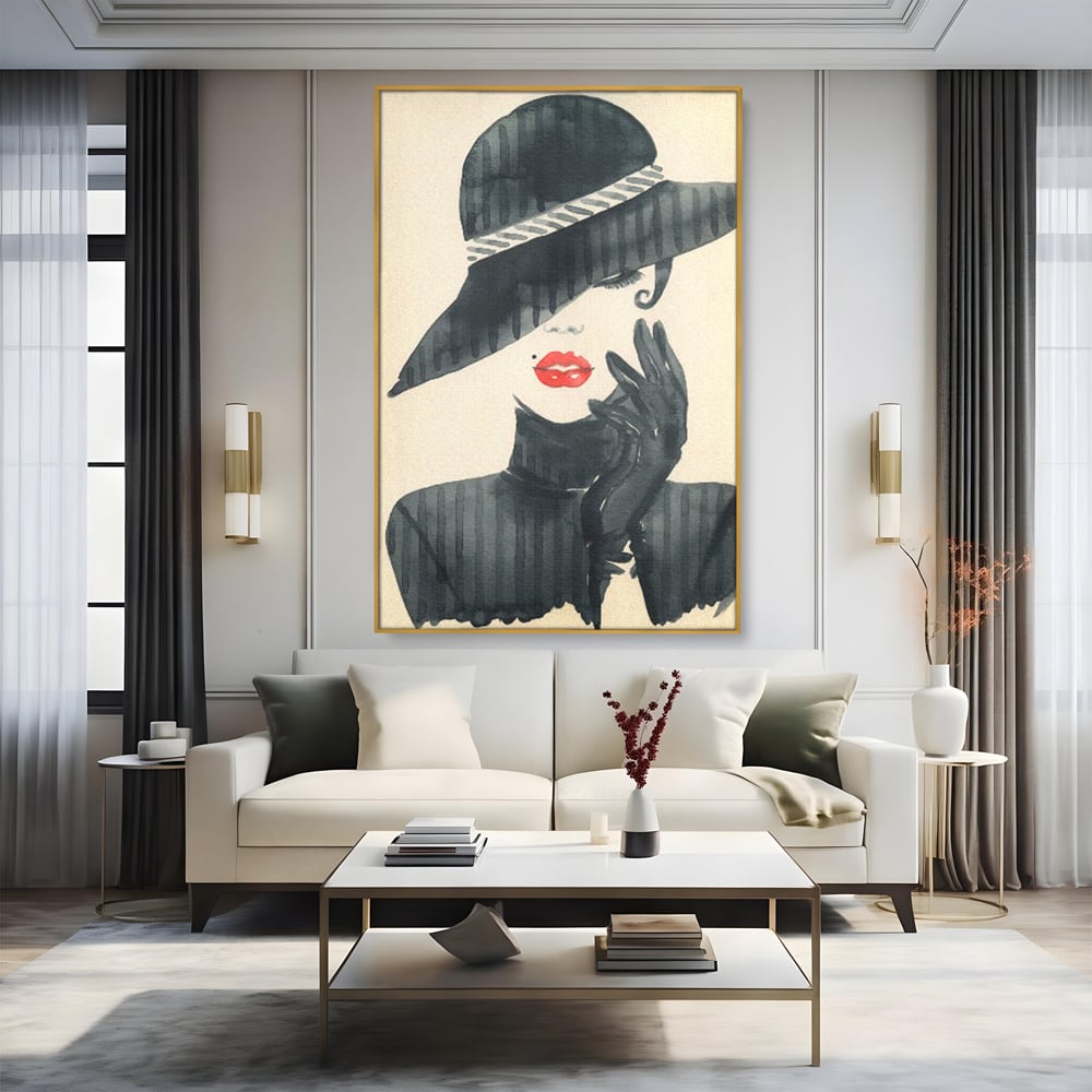 Tablou Canvas Premium LuxCanva® C1092, Stylish Fashionista With Black Hat , Femeie, Fashionista, Red Lips, Living Room, Bedroom, Relaxare, Culori Vibrante