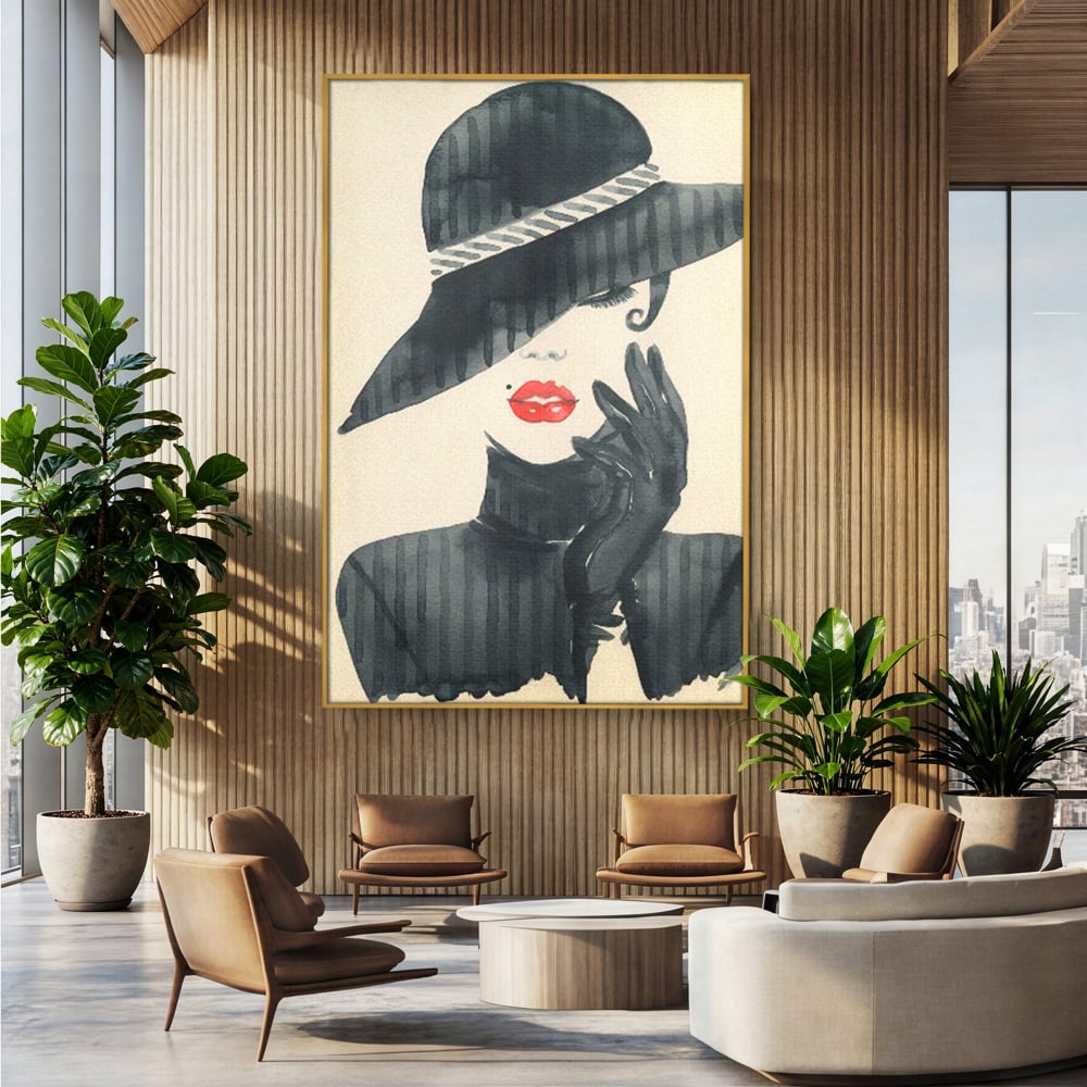 Tablou Canvas Premium LuxCanva® C1092, Stylish Fashionista With Black Hat , Femeie, Fashionista, Red Lips, Living Room, Bedroom, Relaxare, Culori Vibrante