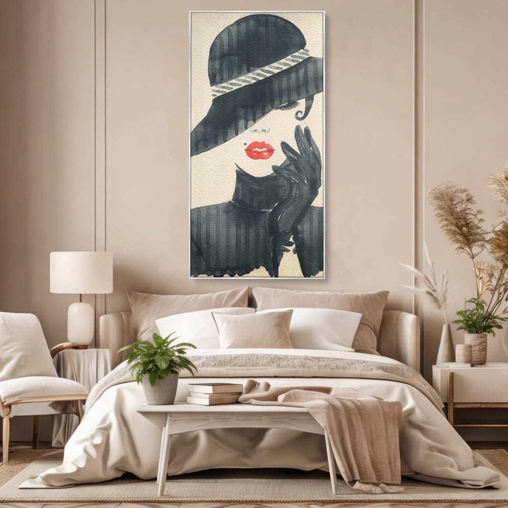 Tablou Canvas Premium LuxCanva® C1092, Stylish Fashionista With Black Hat , Femeie, Fashionista, Red Lips, Living Room, Bedroom, Relaxare, Culori Vibrante