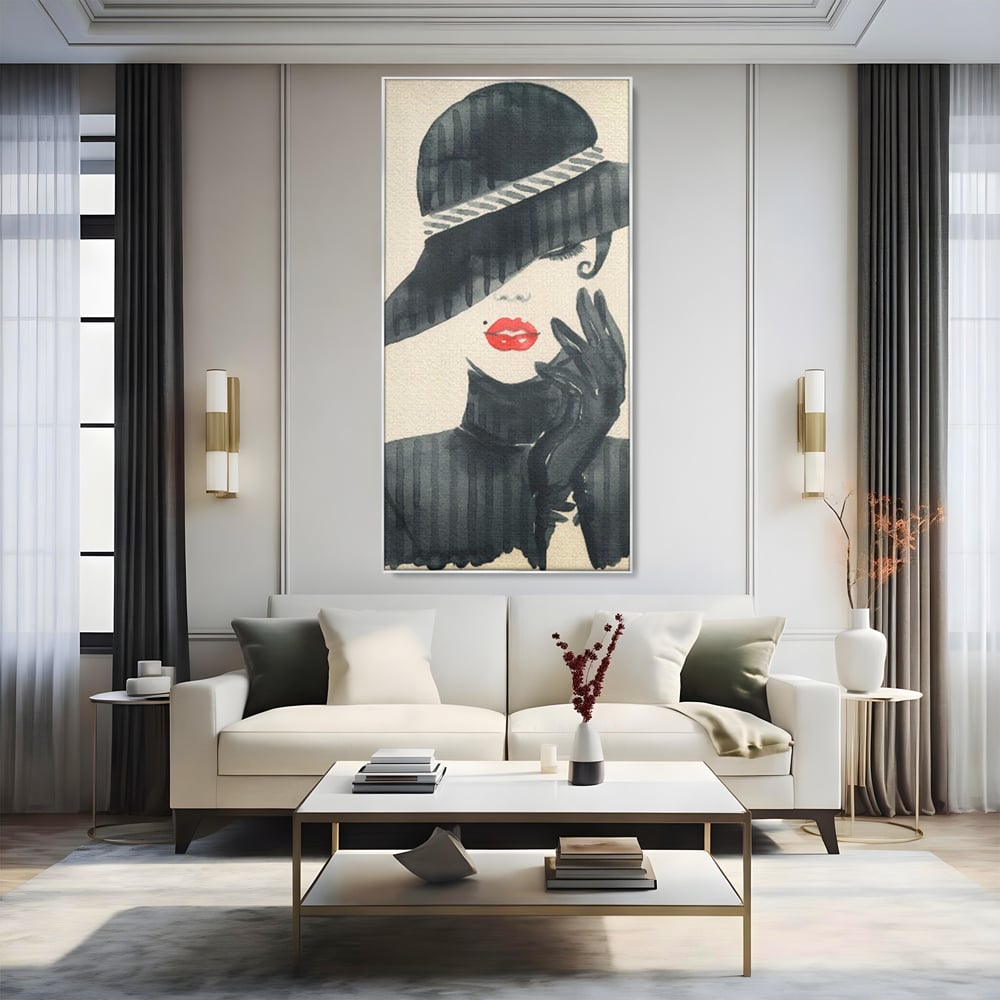 Tablou Canvas Premium LuxCanva® C1092, Stylish Fashionista With Black Hat , Femeie, Fashionista, Red Lips, Living Room, Bedroom, Relaxare, Culori Vibrante